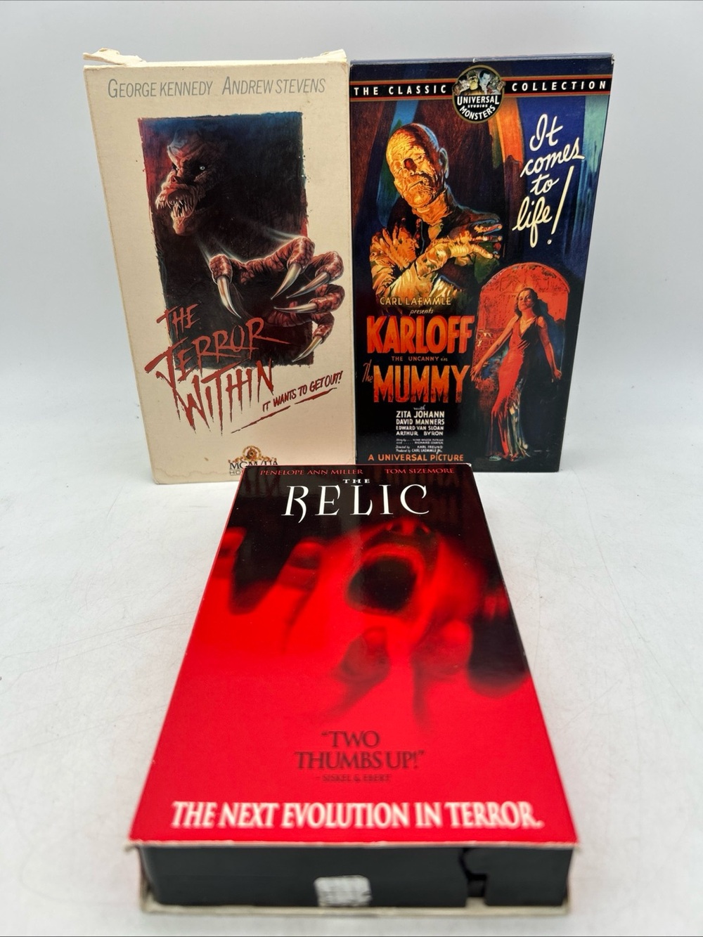3- Horror VHS Movies (The Terror Within, The Relic & The Mummy) Halloween Scary